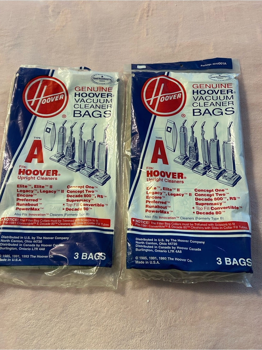 Genuine Hoover vacuum cleaner bags type A 4010001A 4 bags
